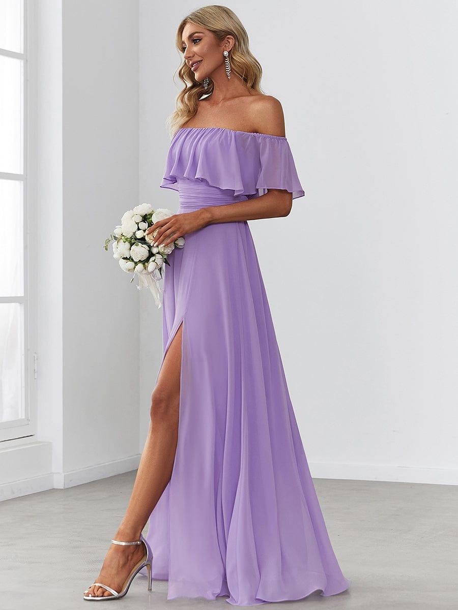 Off the Shoulder Ruffle Bodice Long Flowy Chiffon Bridesmaid Dress #color_Lavender 