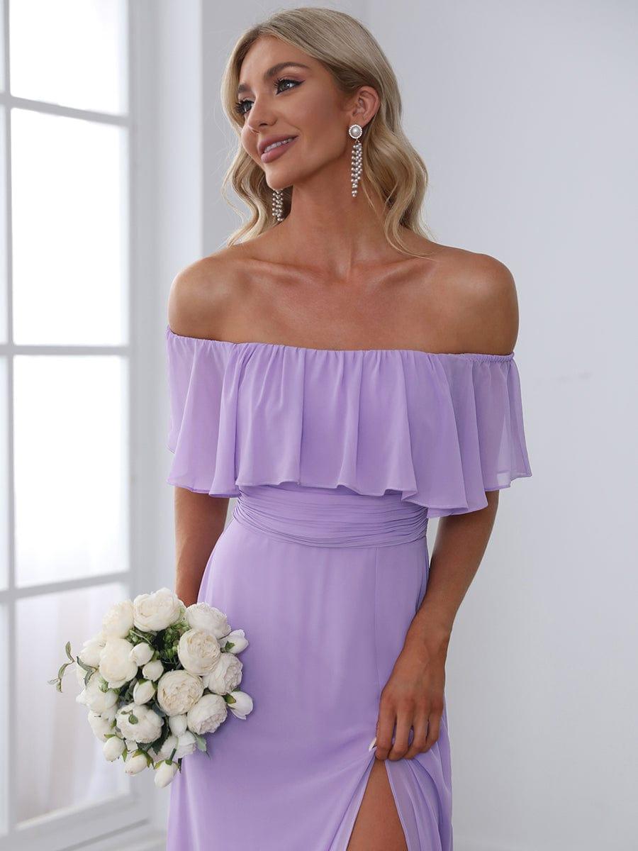 Women's Off Shoulder Ruffle Thigh Split Bridesmaid Dresses #color_Lavender 