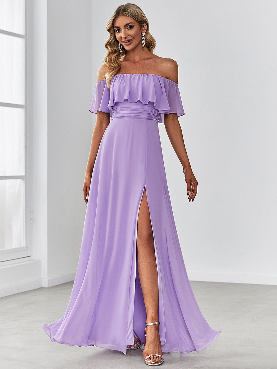 Women's Off Shoulder Ruffle Thigh Split Bridesmaid Dresses #color_Lavender 