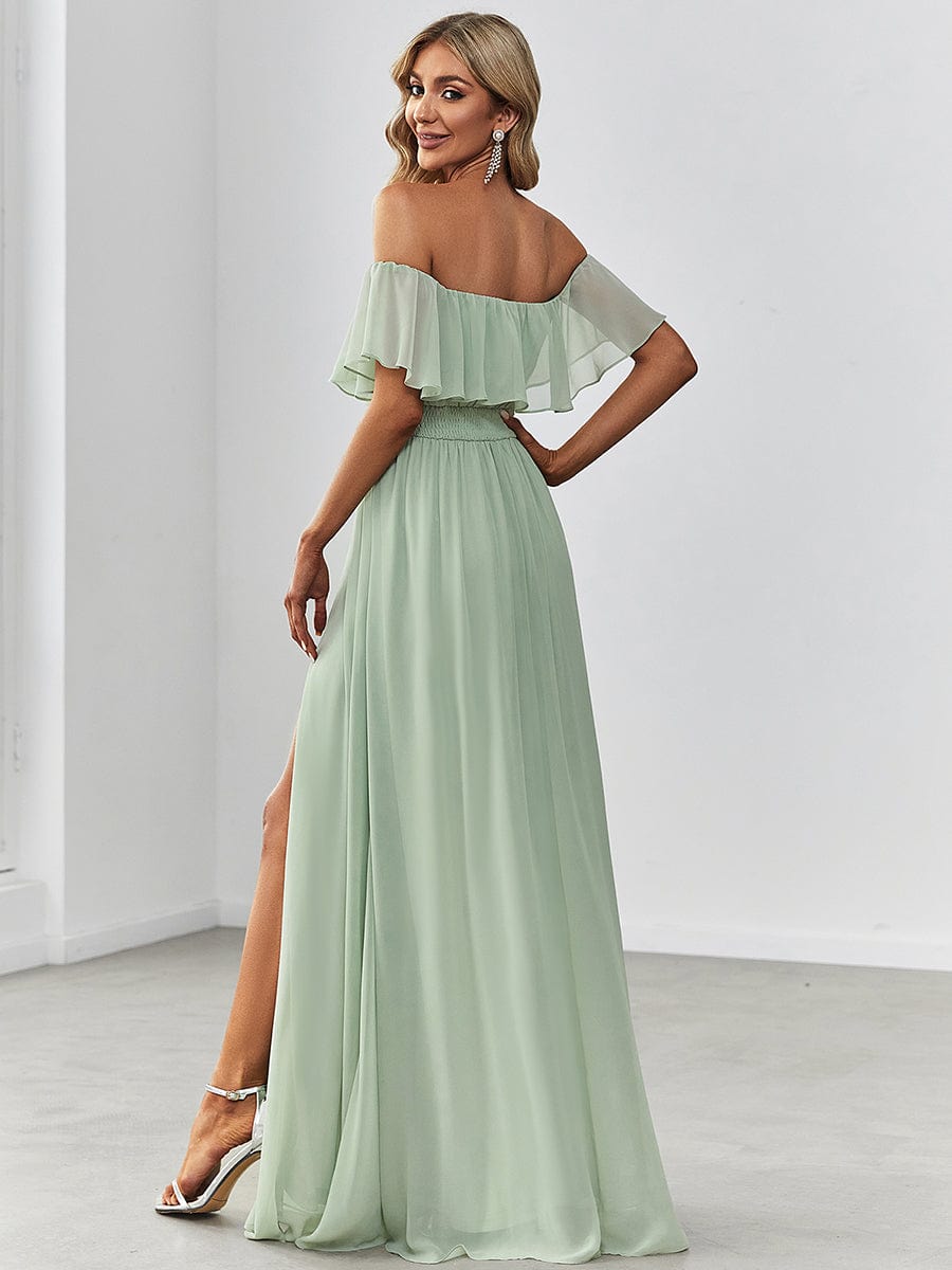 Women's Off Shoulder Ruffle Thigh Split Bridesmaid Dresses #color_Mint Green 