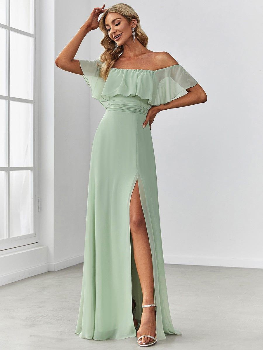 Women's Off Shoulder Ruffle Thigh Split Bridesmaid Dresses #color_Mint Green 