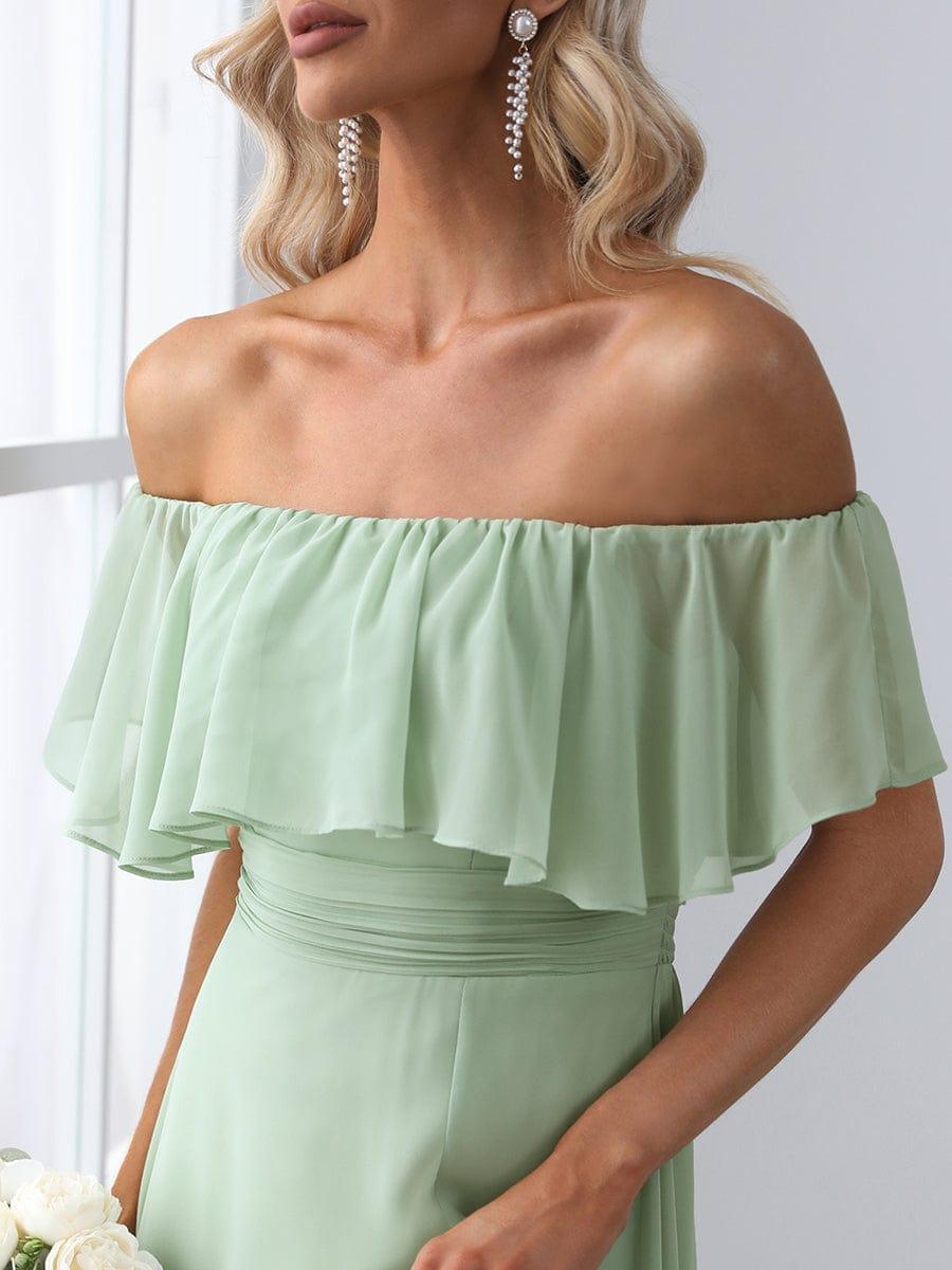 Women's Off Shoulder Ruffle Thigh Split Bridesmaid Dresses #color_Mint Green 