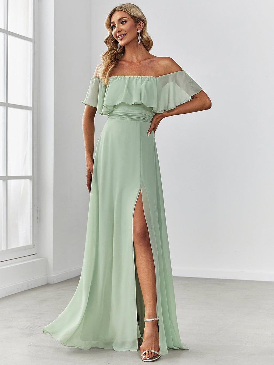 Women's Off Shoulder Ruffle Thigh Split Bridesmaid Dresses #color_Mint Green 