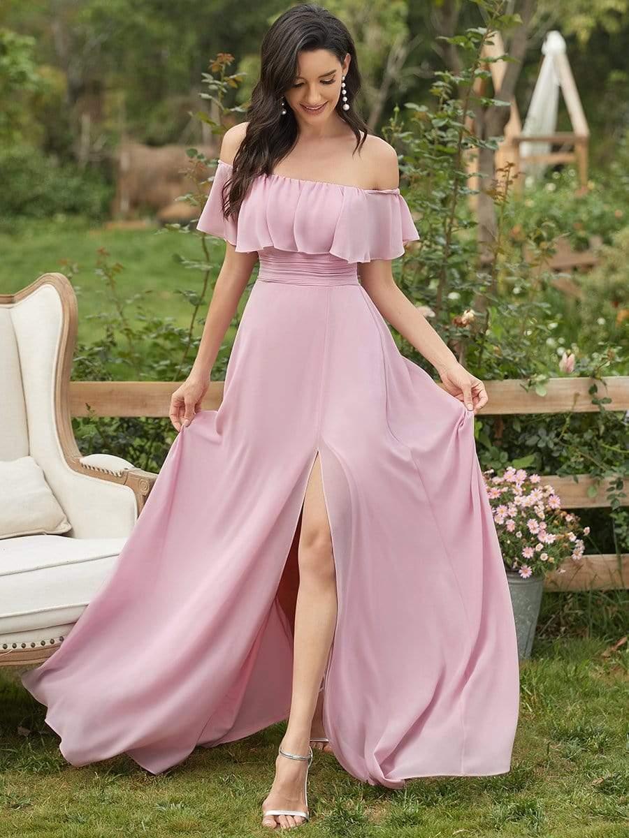 Women's Off Shoulder Ruffle Thigh Split Bridesmaid Dresses #color_Mauve 