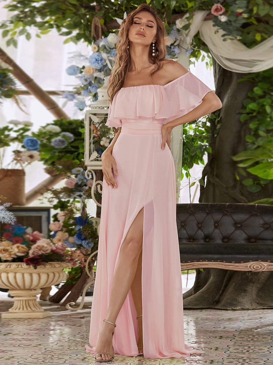 Women's Off Shoulder Ruffle Thigh Split Bridesmaid Dresses #color_Pink 
