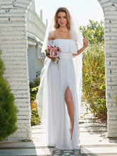 Women's Off Shoulder Ruffle Thigh Split Bridesmaid Dresses #Color_White