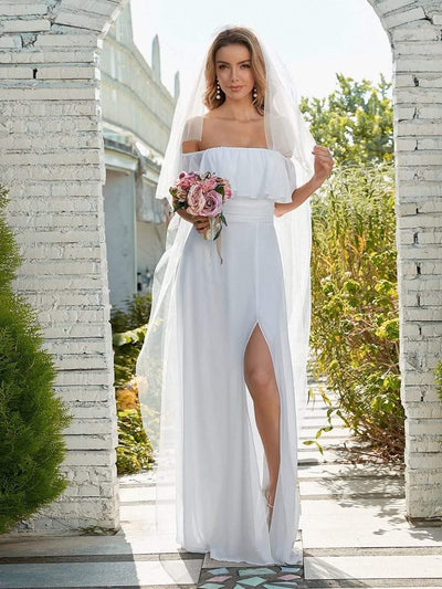 Off the Shoulder Ruffle Bodice Long Flowy Chiffon Bridesmaid Dress #color_White