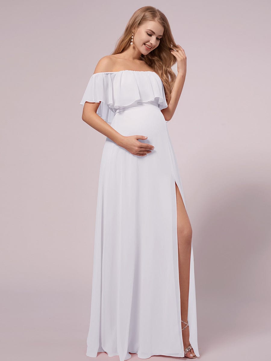 Maxi Chiffon Off the Shoulder Ruffled Maternity Evening Dress #color_White