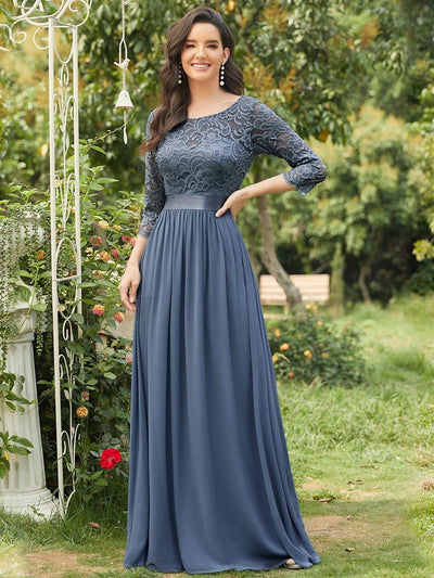 Lace Chiffon Maxi Evening Dress with Half Sleeve #color_Dusty Blue