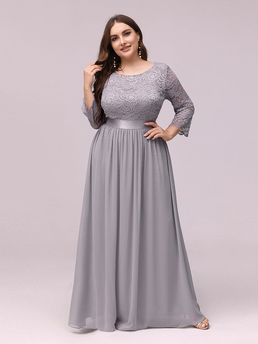 See-Through Floor Length Lace Chiffon Evening Dress with Half Sleeve