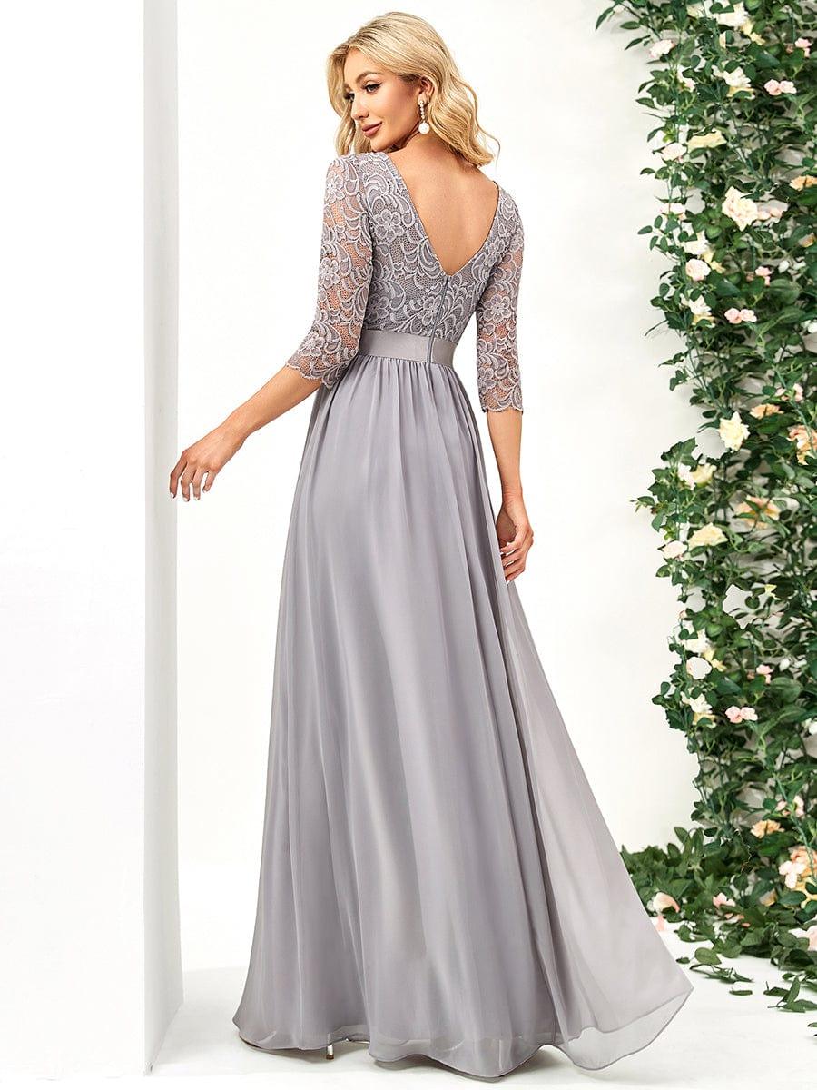 See-Through Floor Length Lace Chiffon Evening Dress with Half Sleeve #color_Grey