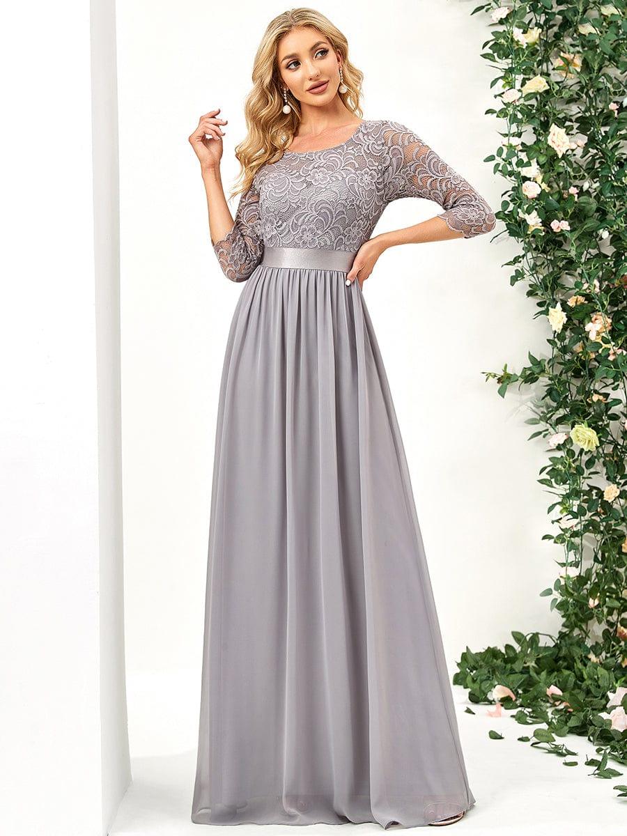 See-Through Floor Length Lace Chiffon Evening Dress with Half Sleeve #color_Grey