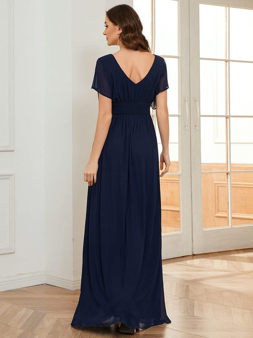 Chiffion Empire Waist Floor Length V Neck Wholesale Evening Dress with Short Sleeves
