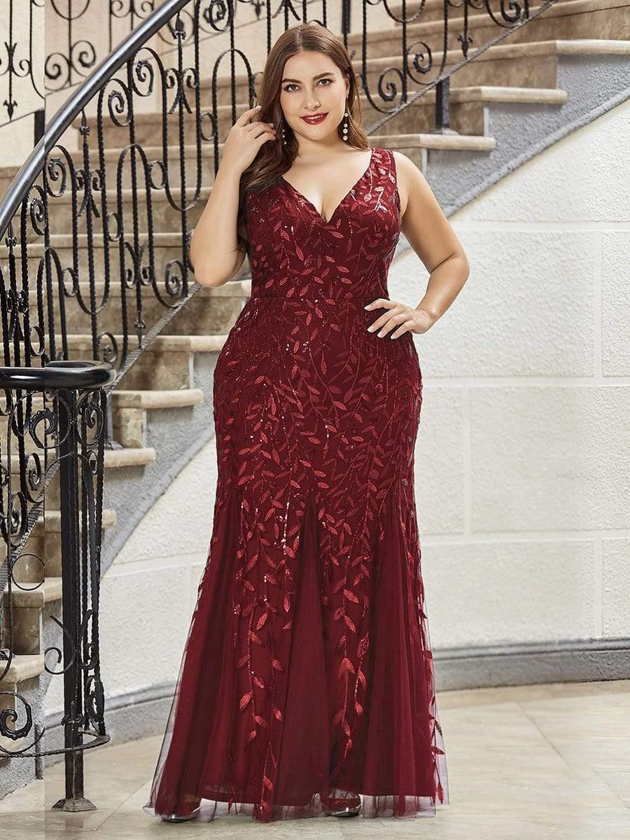 Leaf Sequin V-Neck Sleeveless Bridesmaid Dress with Tulle Hem #Color_Burgundy