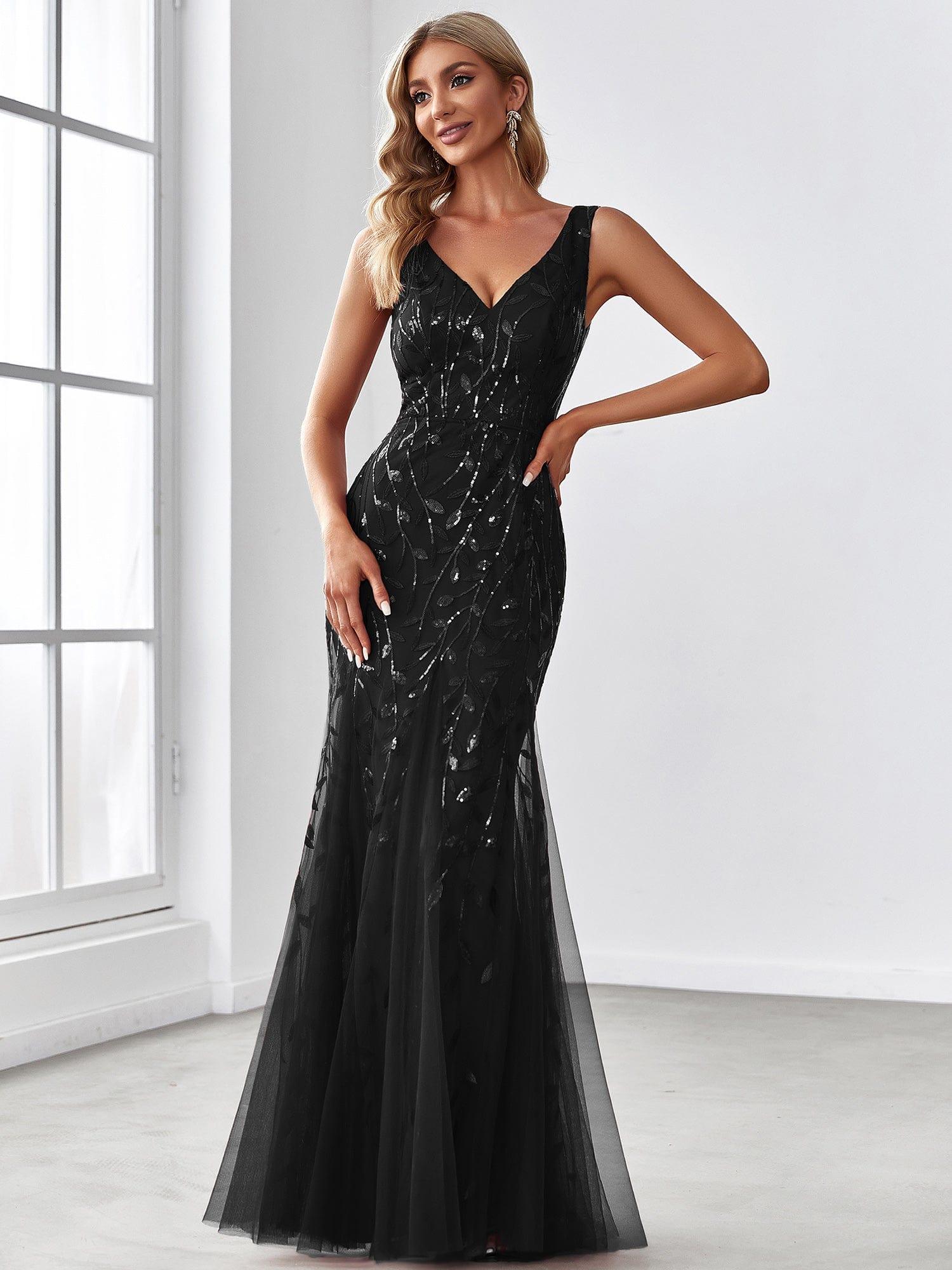 Leaf Sequin V-Neck Sleeveless Bridesmaid Dress with Tulle Hem #Color_Black