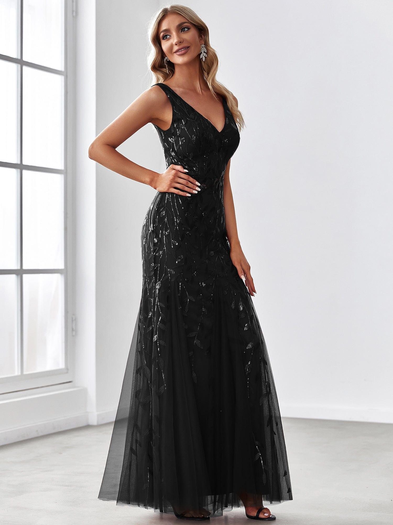 Leaf Sequin V-Neck Sleeveless Bridesmaid Dress with Tulle Hem #Color_Black