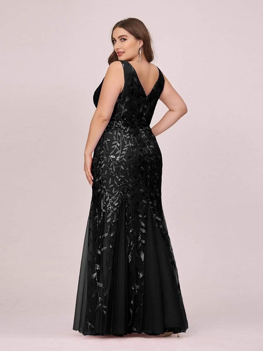 Leaf Sequin V-Neck Sleeveless Bridesmaid Dress with Tulle Hem #Color_Black