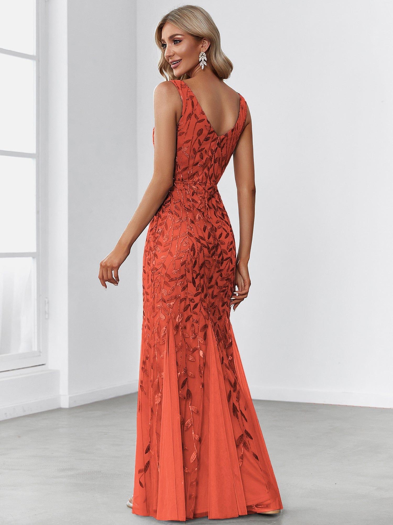 Leaf Sequin V-Neck Sleeveless Bridesmaid Dress with Tulle Hem #Color_Burnt Orange
