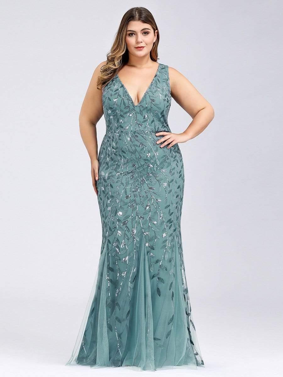 Plus Size Maxi Sequin Formal Dresses & Gowns #color_Light Teal