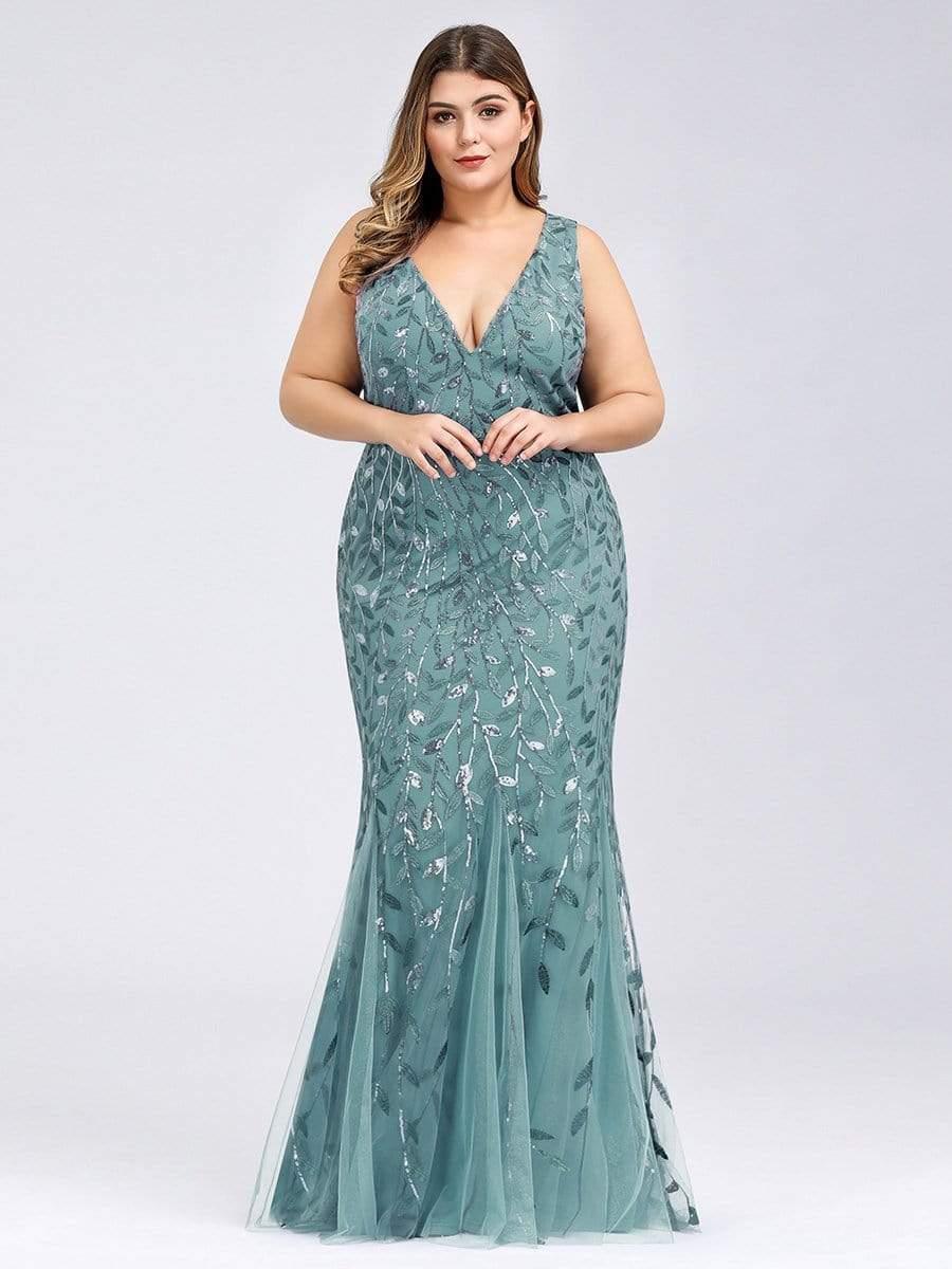 Plus Size Maxi Sequin Formal Dresses & Gowns #color_Light Teal