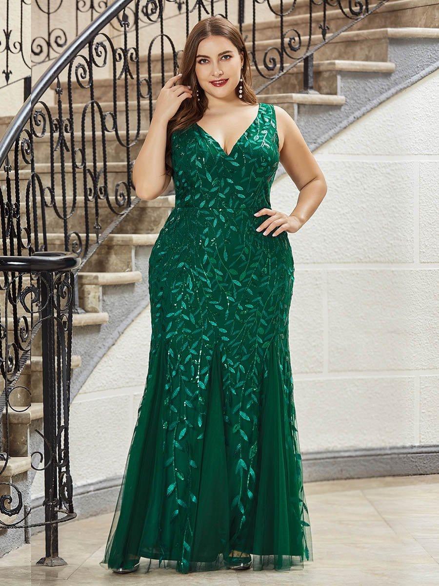 Leaf Sequin V-Neck Sleeveless Bridesmaid Dress with Tulle Hem #Color_Dark Green