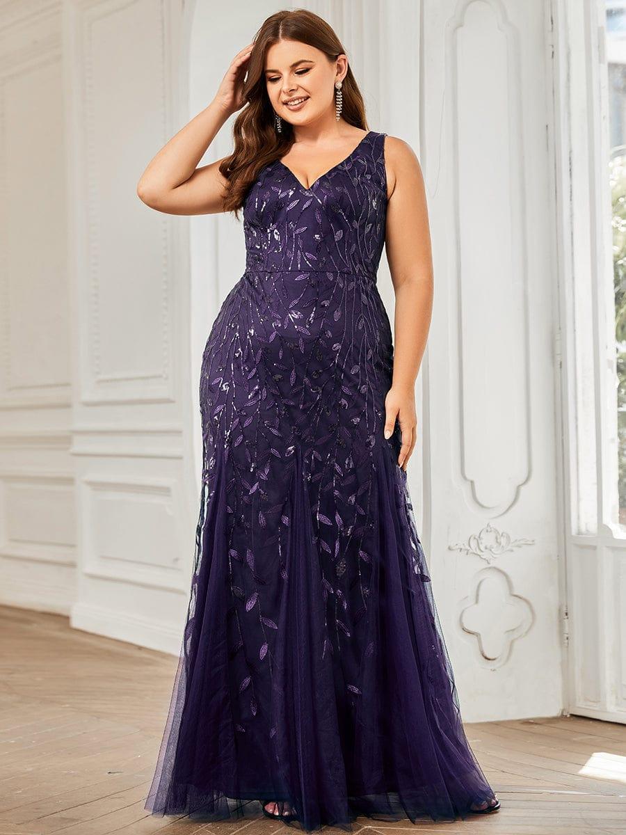 Leaf Sequin V-Neck Sleeveless Bridesmaid Dress with Tulle Hem #Color_Dark Purple