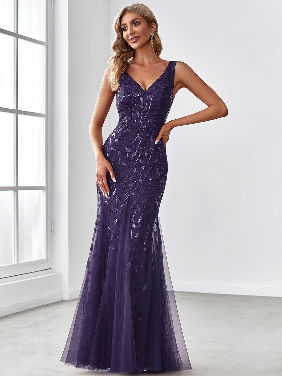 Leaf Sequin V-Neck Sleeveless Bridesmaid Dress with Tulle Hem #Color_Dark Purple