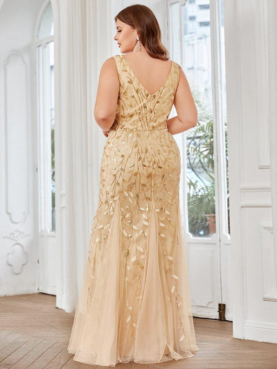 Leaf Sequin V-Neck Sleeveless Bridesmaid Dress with Tulle Hem #Color_Gold