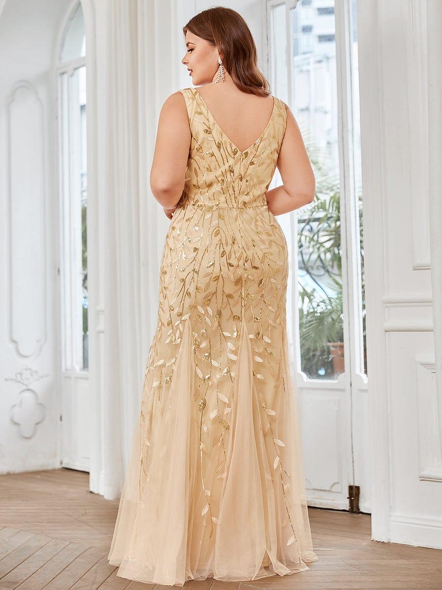 Leaf Sequin V-Neck Sleeveless Bridesmaid Dress with Tulle Hem #Color_Gold
