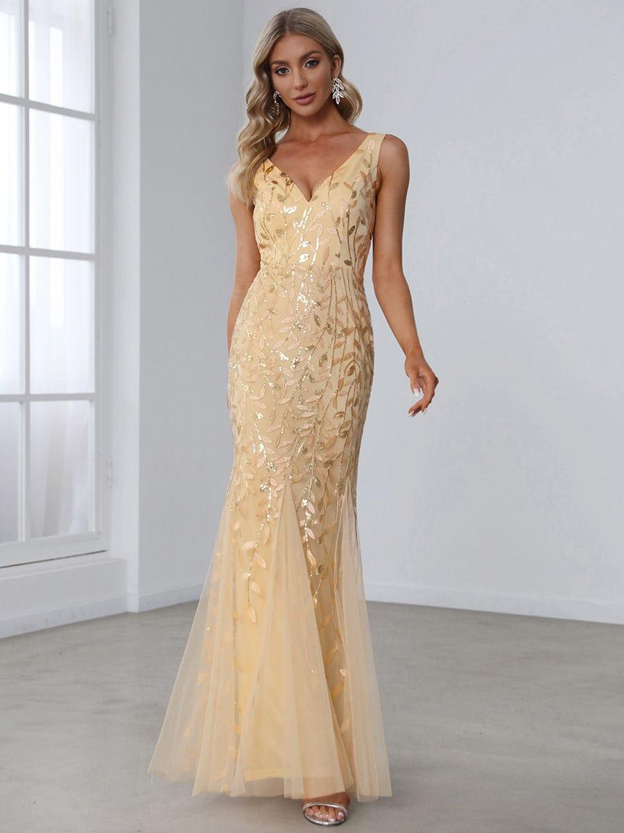 Leaf Sequin V-Neck Sleeveless Bridesmaid Dress with Tulle Hem #Color_Gold