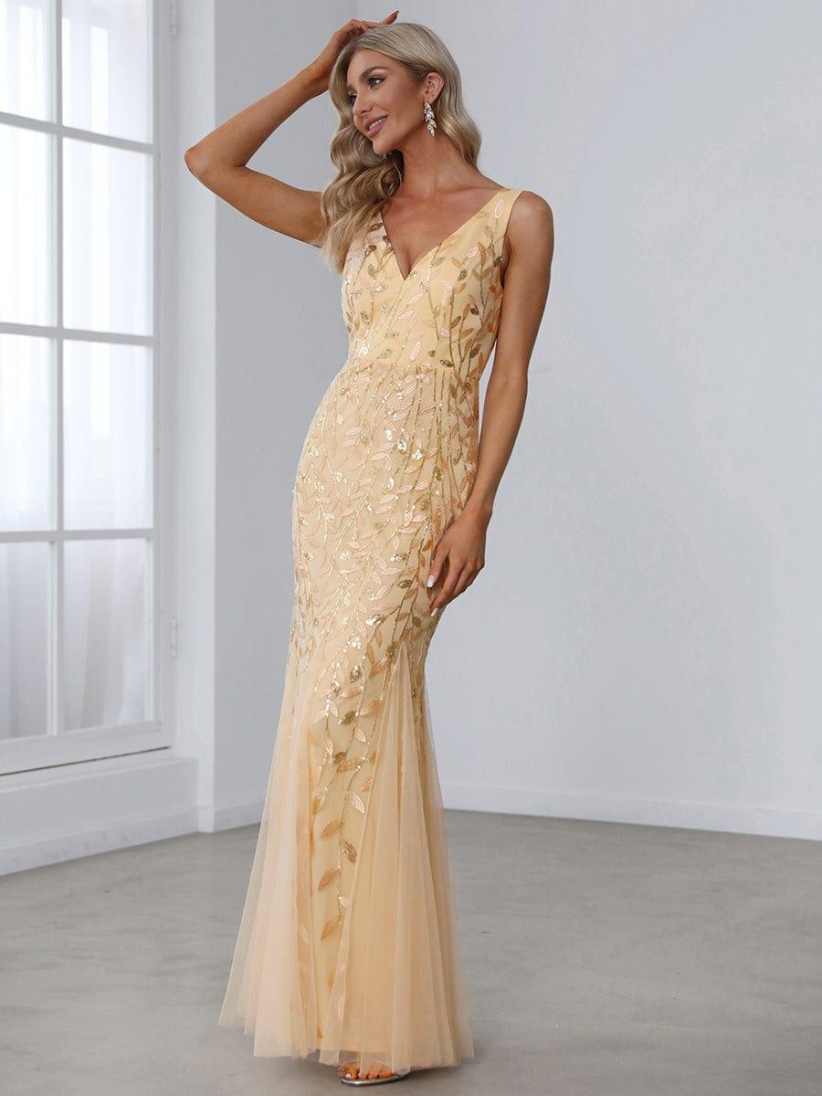 Leaf Sequin V-Neck Sleeveless Bridesmaid Dress with Tulle Hem #Color_Gold