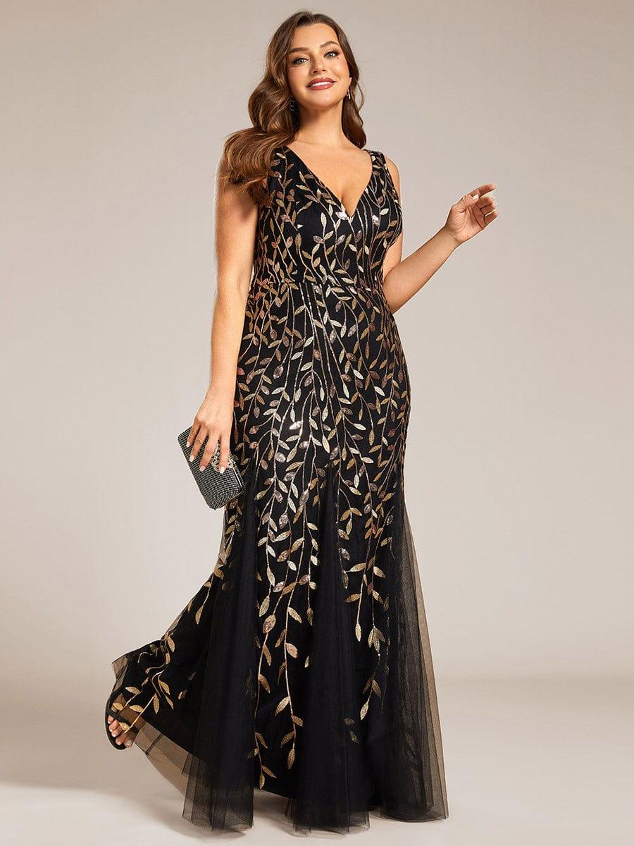 Leaf Sequin V-Neck Sleeveless Bridesmaid Dress with Tulle Hem #Color_Black & Gold