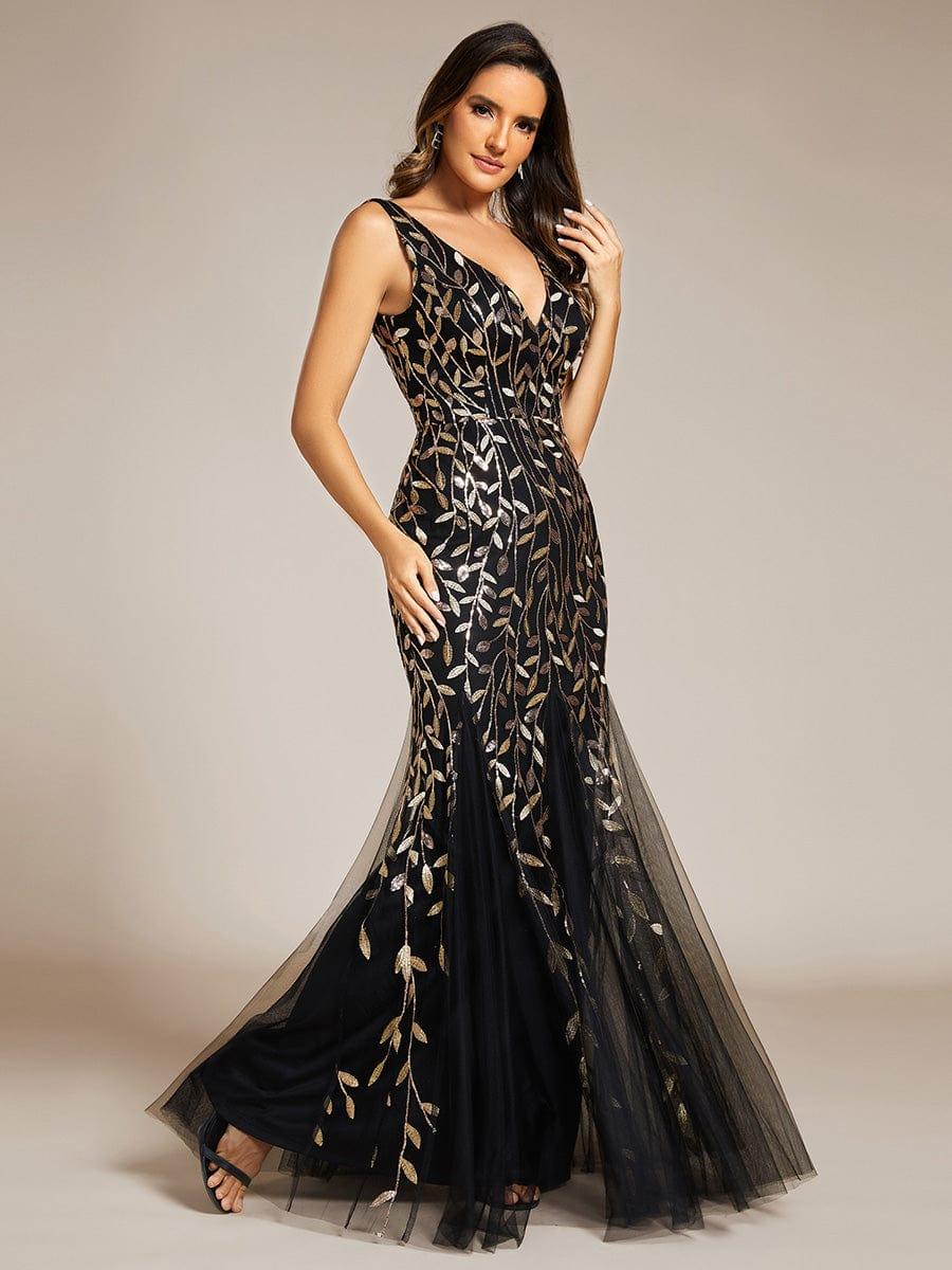 Leaf Sequin V-Neck Sleeveless Bridesmaid Dress with Tulle Hem #Color_Black & Gold