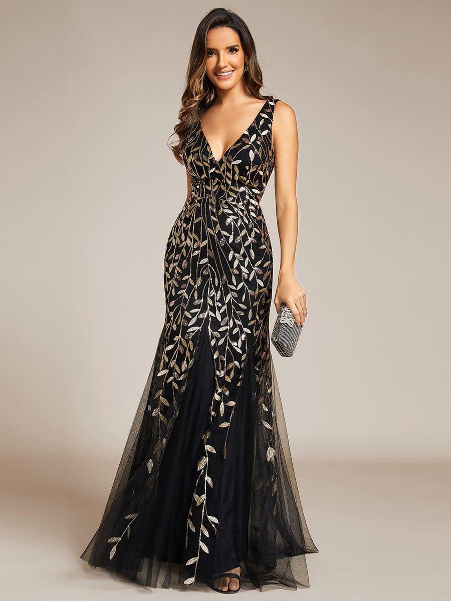 Plunging Neckline Sequin Leaf Mermaid Evening Dress - Ever