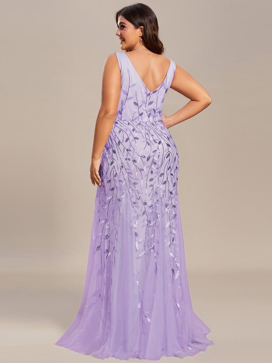 Leaf Sequin V-Neck Sleeveless Bridesmaid Dress with Tulle Hem #Color_Lavender