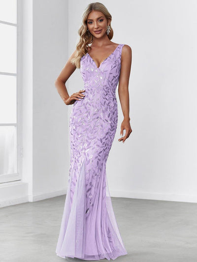 Leaf Sequin V-Neck Sleeveless Bridesmaid Dress with Tulle Hem #Color_Lavender
