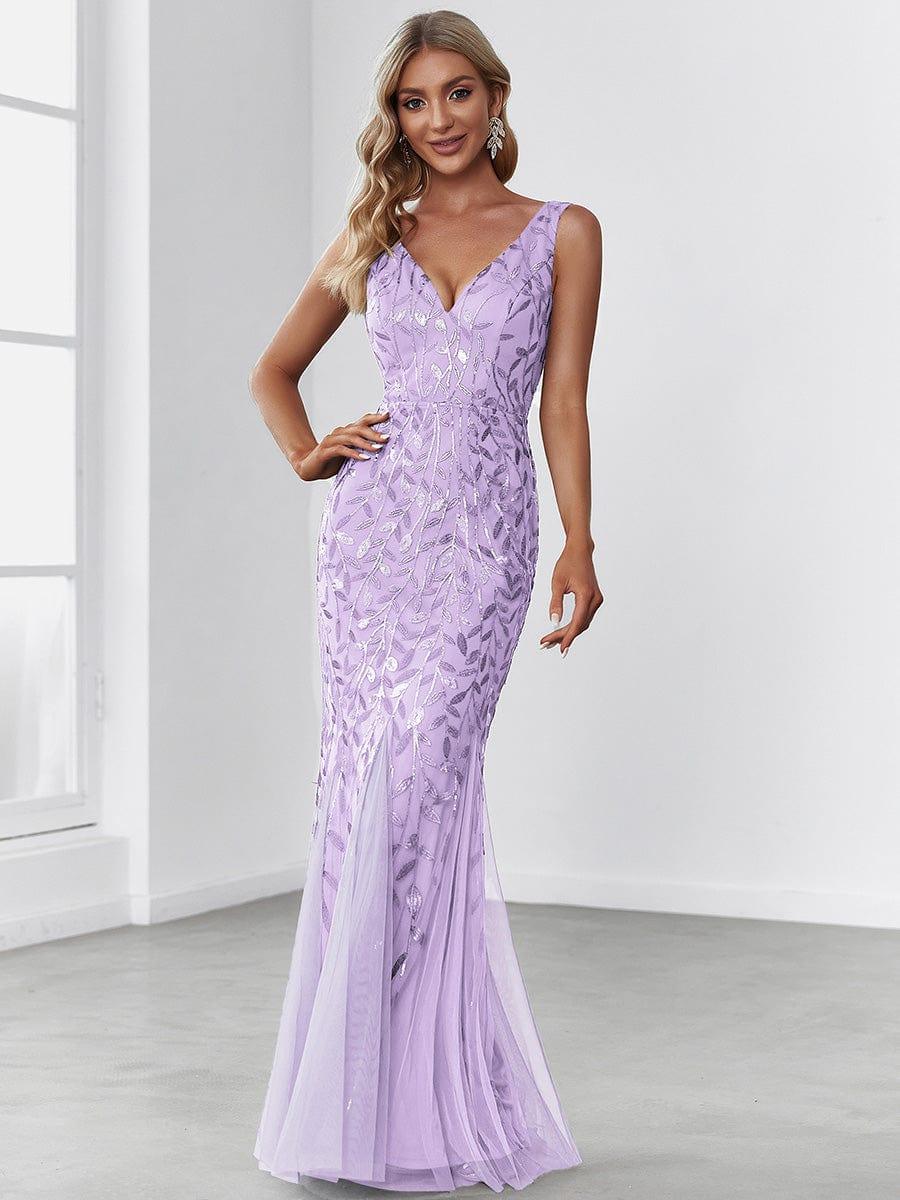 Leaf Sequin V-Neck Sleeveless Bridesmaid Dress with Tulle Hem #Color_Lavender