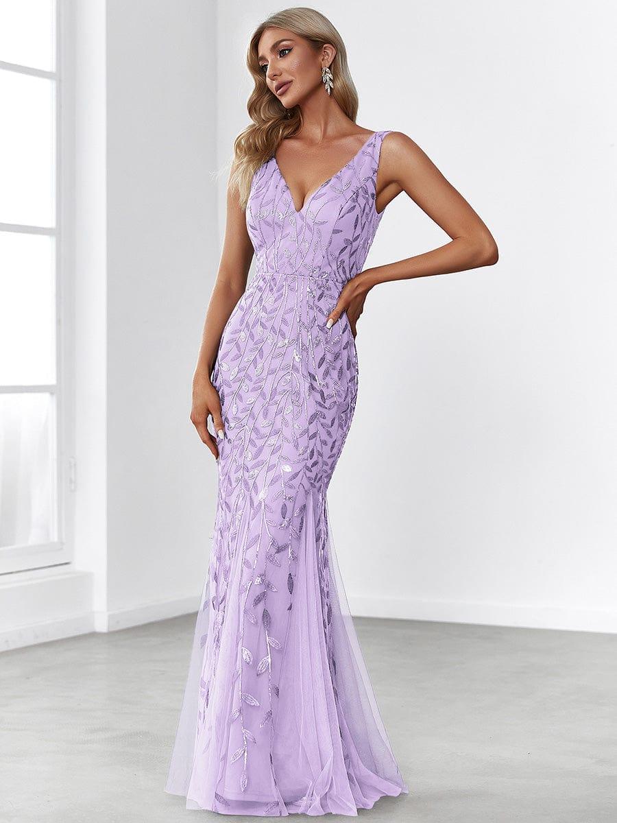 Leaf Sequin V-Neck Sleeveless Bridesmaid Dress with Tulle Hem #Color_Lavender