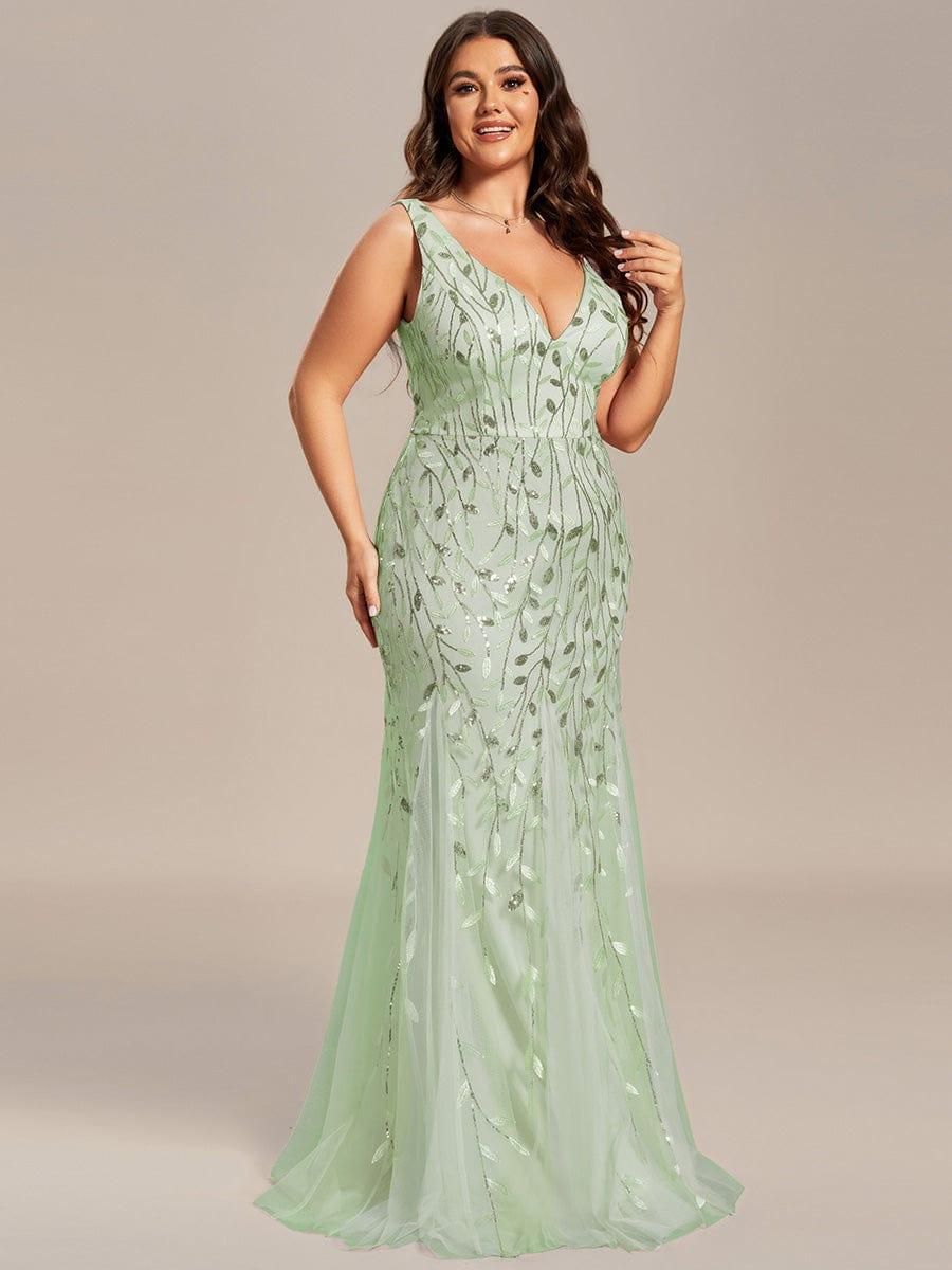 Leaf Sequin V-Neck Sleeveless Bridesmaid Dress with Tulle Hem #Color_Mint Green