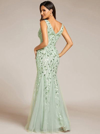 Leaf Sequin V-Neck Sleeveless Bridesmaid Dress with Tulle Hem #Color_Mint Green