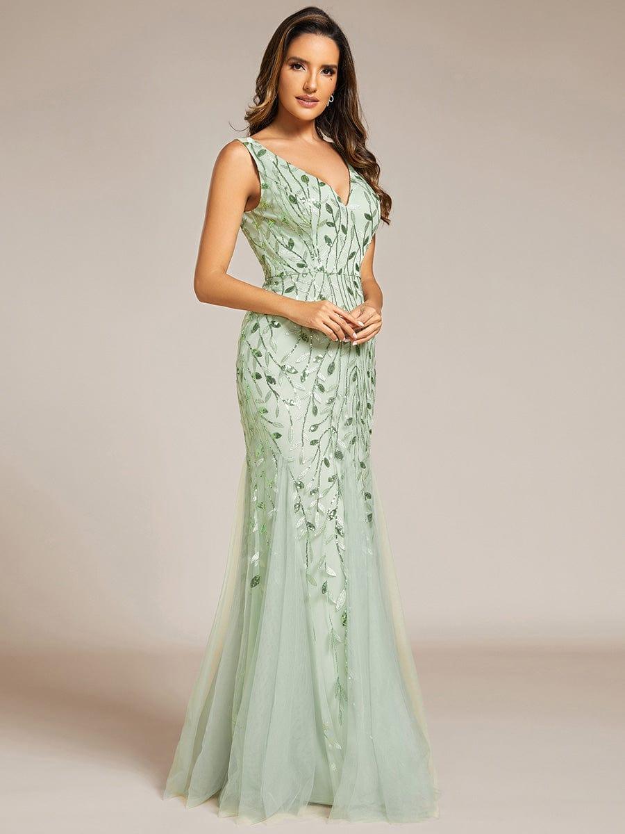 Leaf Sequin V-Neck Sleeveless Bridesmaid Dress with Tulle Hem #Color_Mint Green