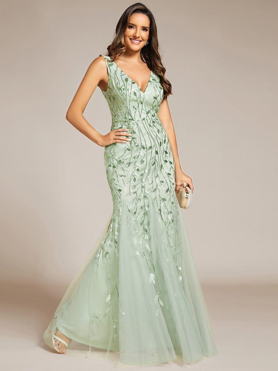 Leaf Sequin V-Neck Sleeveless Bridesmaid Dress with Tulle Hem #Color_Mint Green