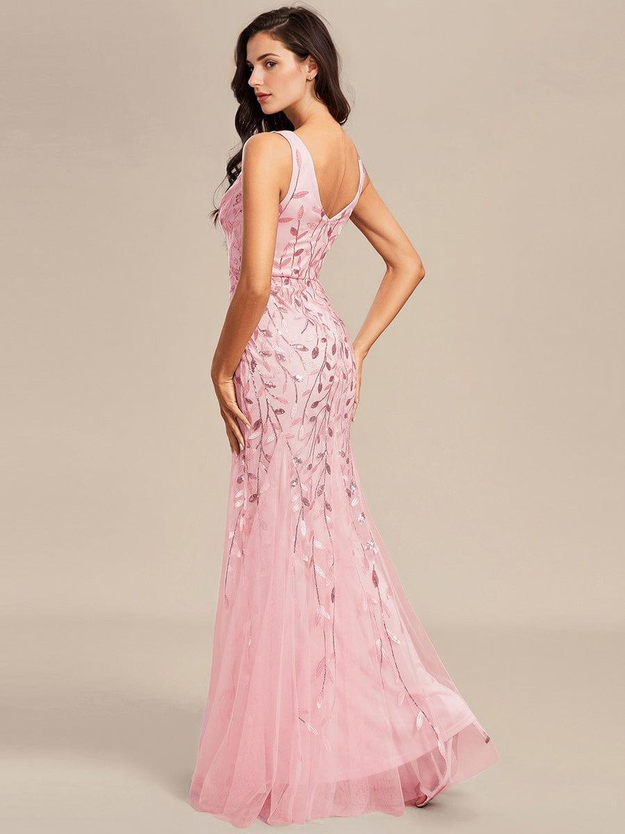 Leaf Sequin V-Neck Sleeveless Bridesmaid Dress with Tulle Hem #Color_Pink