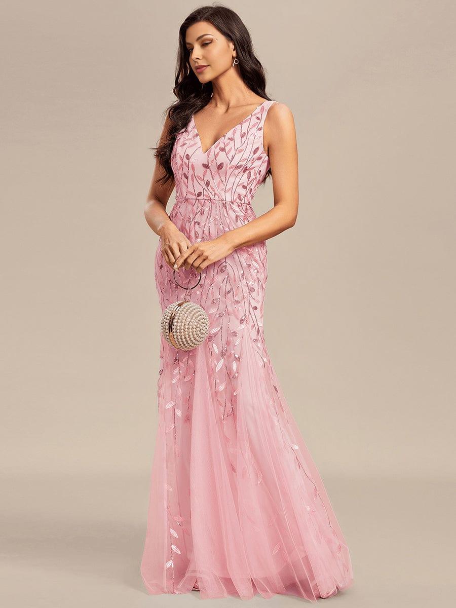 Leaf Sequin V-Neck Sleeveless Bridesmaid Dress with Tulle Hem #Color_Pink