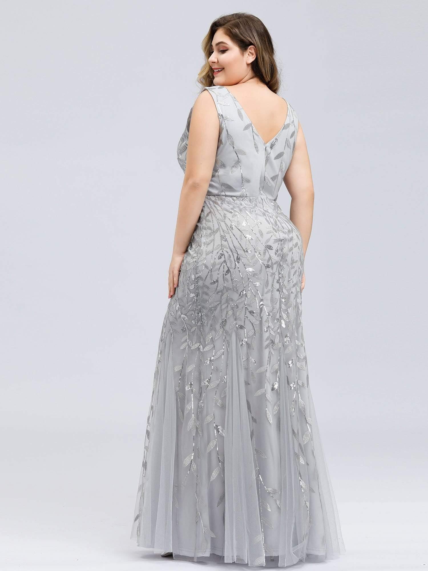 Plus Size Maxi Sequin Formal Dresses & Gowns #color_Silver