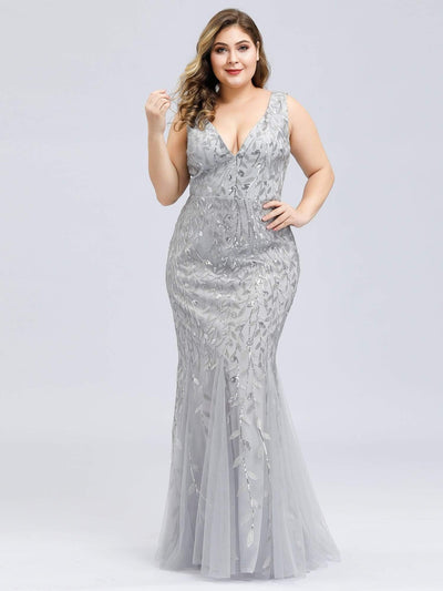 Plus Size Maxi Sequin Formal Dresses & Gowns #color_Silver