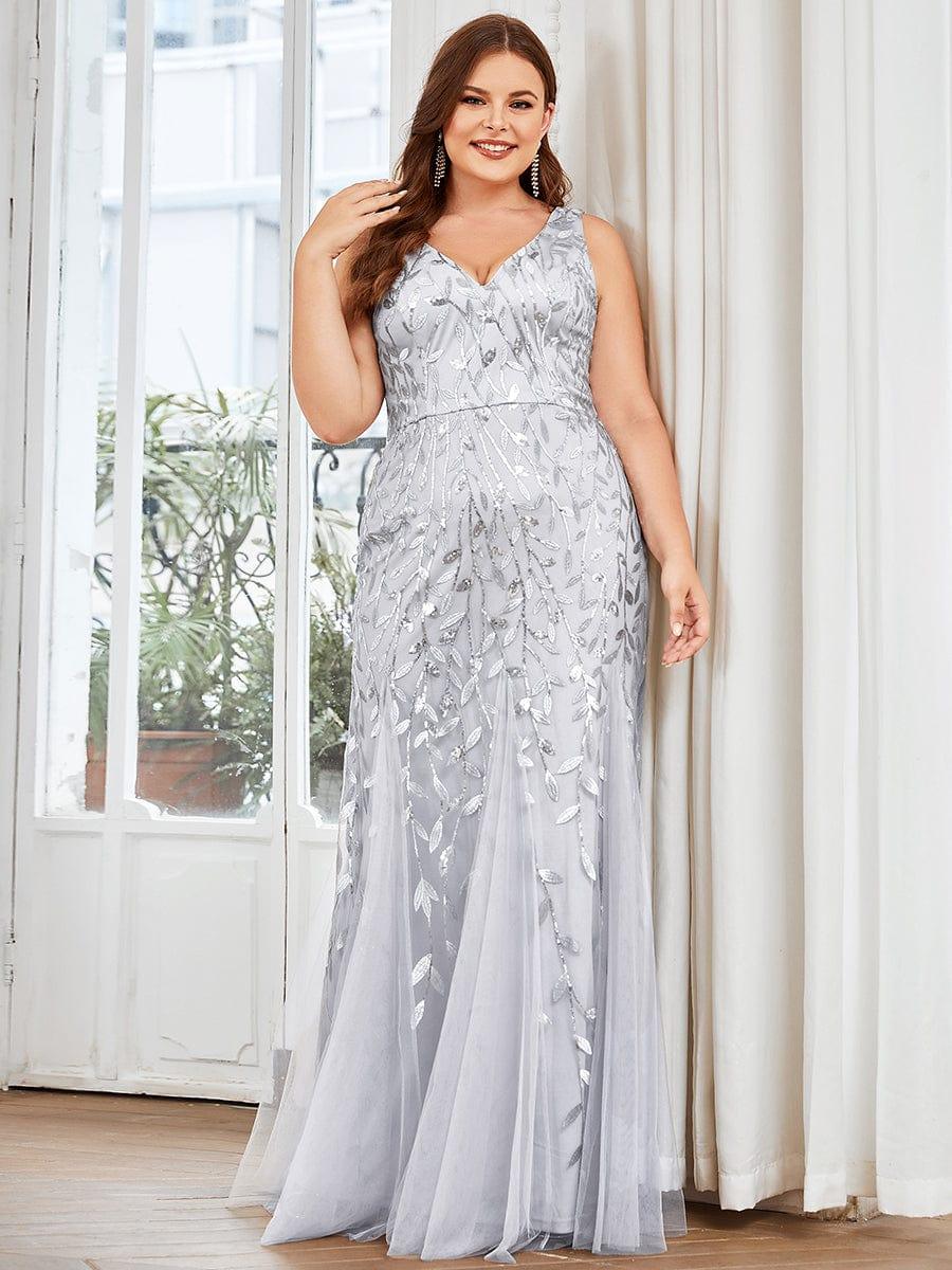 Leaf Sequin V-Neck Sleeveless Bridesmaid Dress with Tulle Hem #Color_Silver