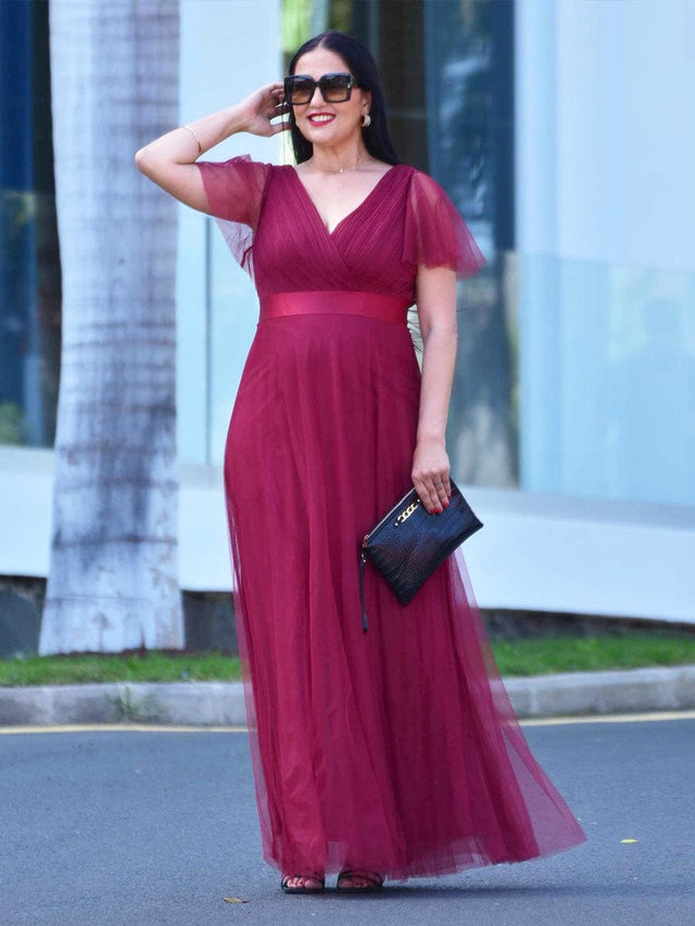 pretty MISTE|Women's Floor-Length Plus Size Formal Bridesmaid Dress with Short Sleeve Fan Photos 6
