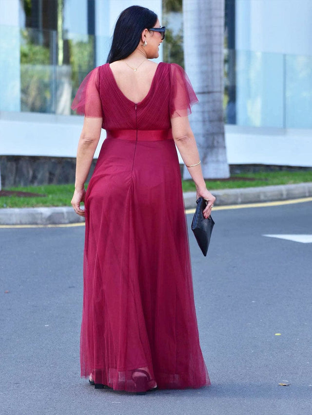 pretty MISTE|Women's Floor-Length Plus Size Formal Bridesmaid Dress with Short Sleeve Fan Photos 5
