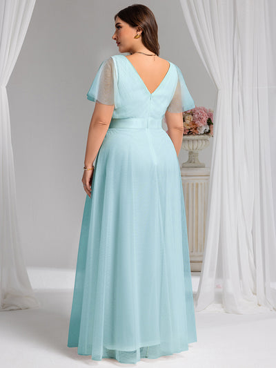 Double V-Neck Floor-Length Short Sleeve Tulle Bridesmaid Dresses #color_Sky Blue